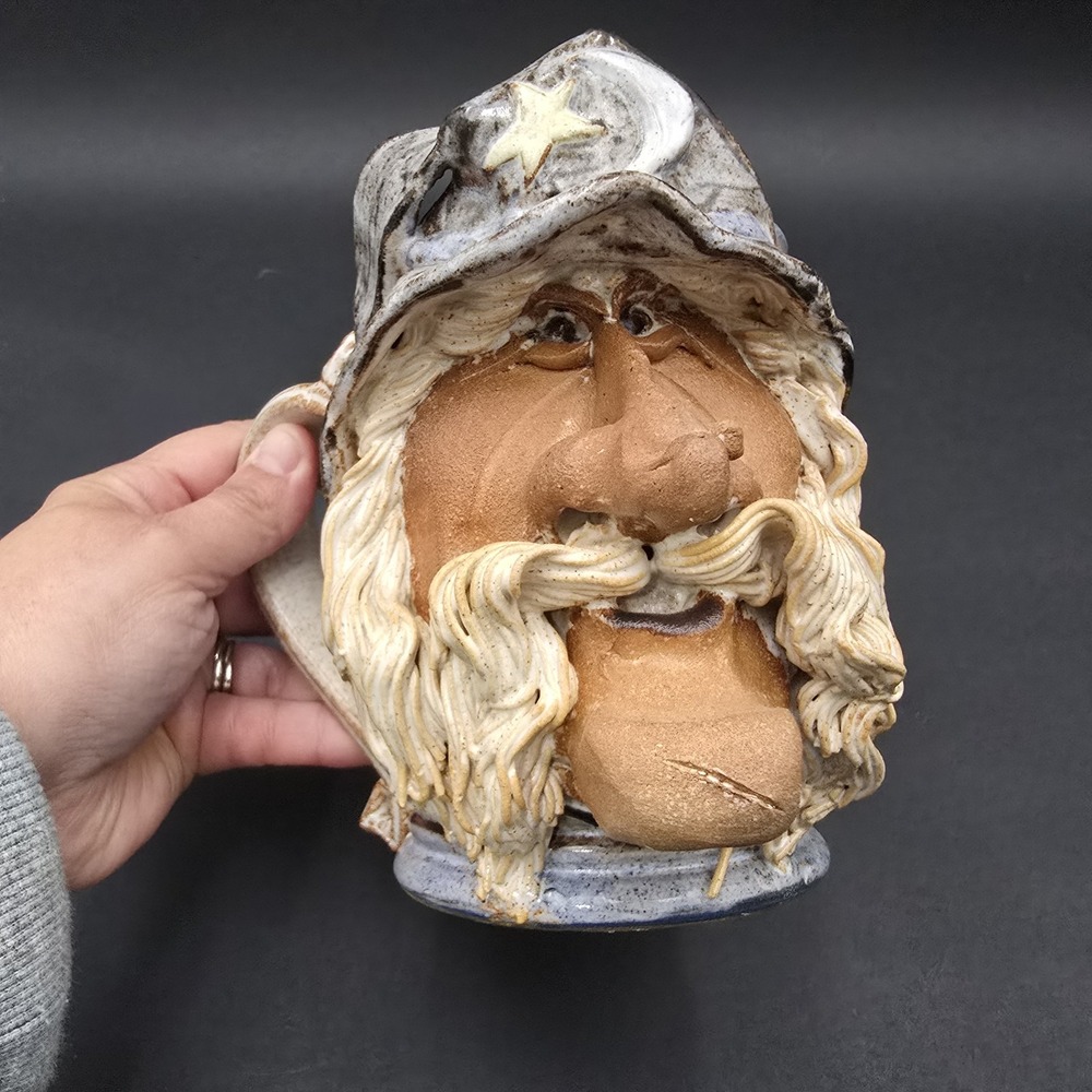 John Coiner Studio Pottery Wizard Ugly Face Stein Mug Coffee Cup Signed Handmade